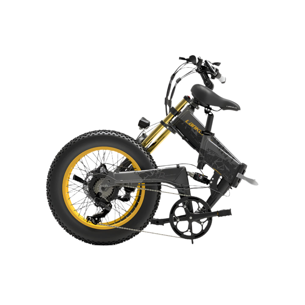 Black electric bike with yellow rim on a white background
