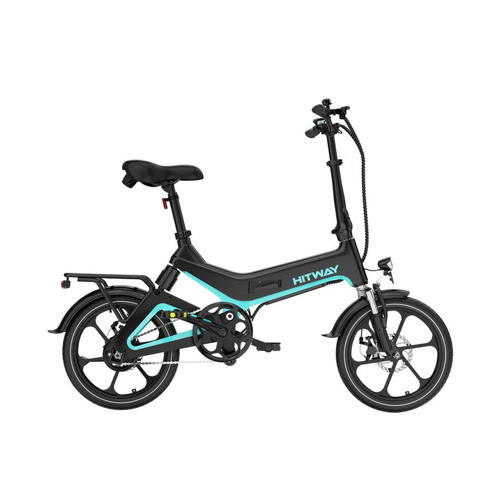Black and teal Hitway electric bike on a white background