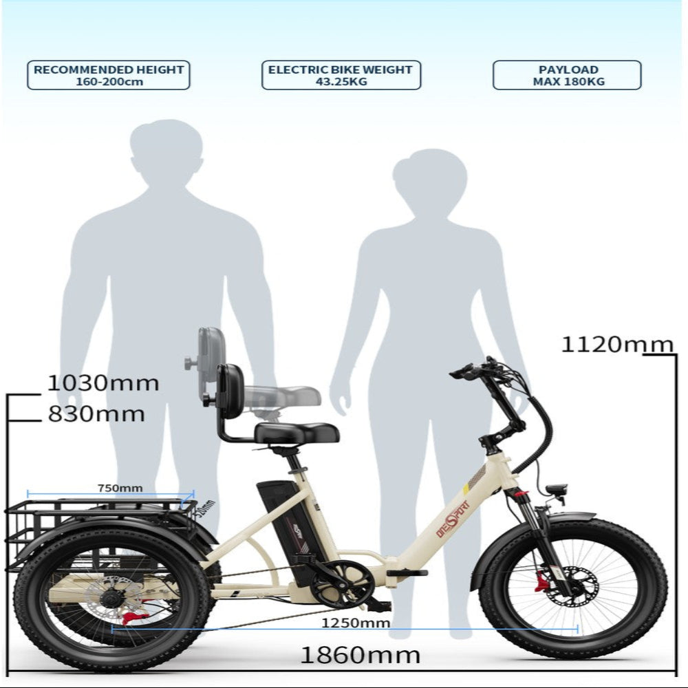 Electric bike dimensions shown with human figures for scale.