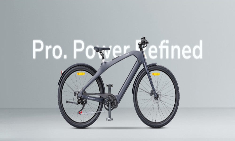 Electric bike on a gray background with 'Pro. Power Refined' text
