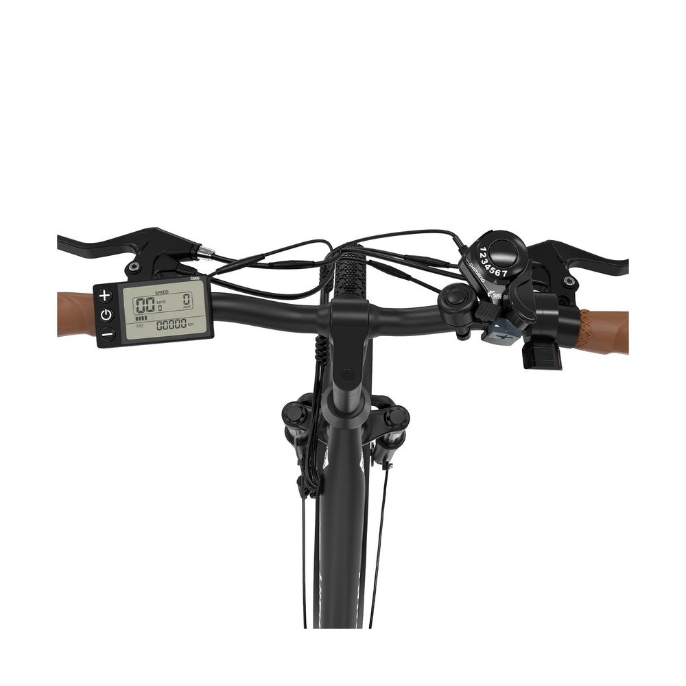 Close-up of a bicycle handlebar with digital display and controls on a white background