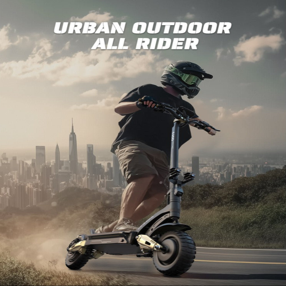 Person riding an electric scooter with a cityscape in the background, text 'Urban Outdoor All Rider' above.