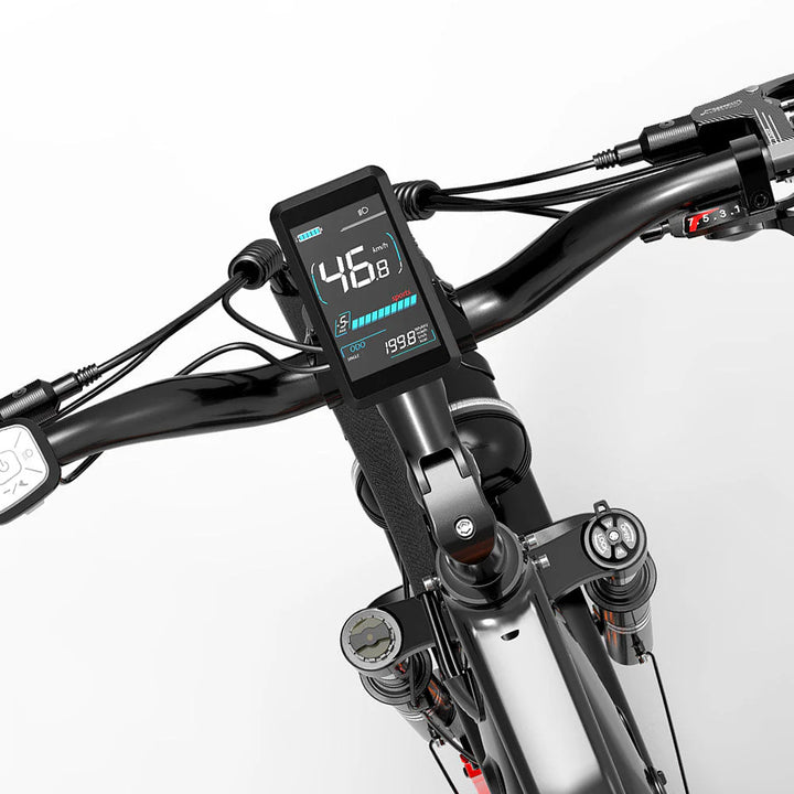Close-up of a bicycle handlebar with a digital display on a white background