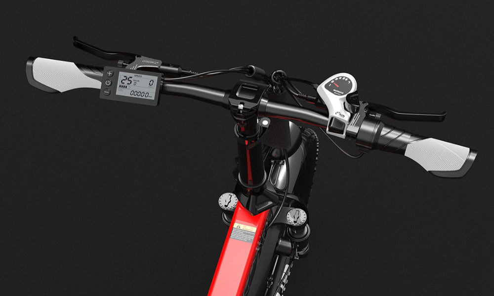 Close-up of a bicycle handlebar with digital display on a black background