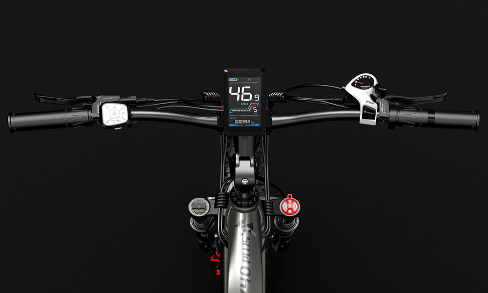 Close-up of a bicycle handlebar with a digital display on a black background