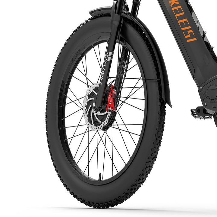 Close-up of a black electric bike wheel with 'lanKELEISI' branding on a white background
