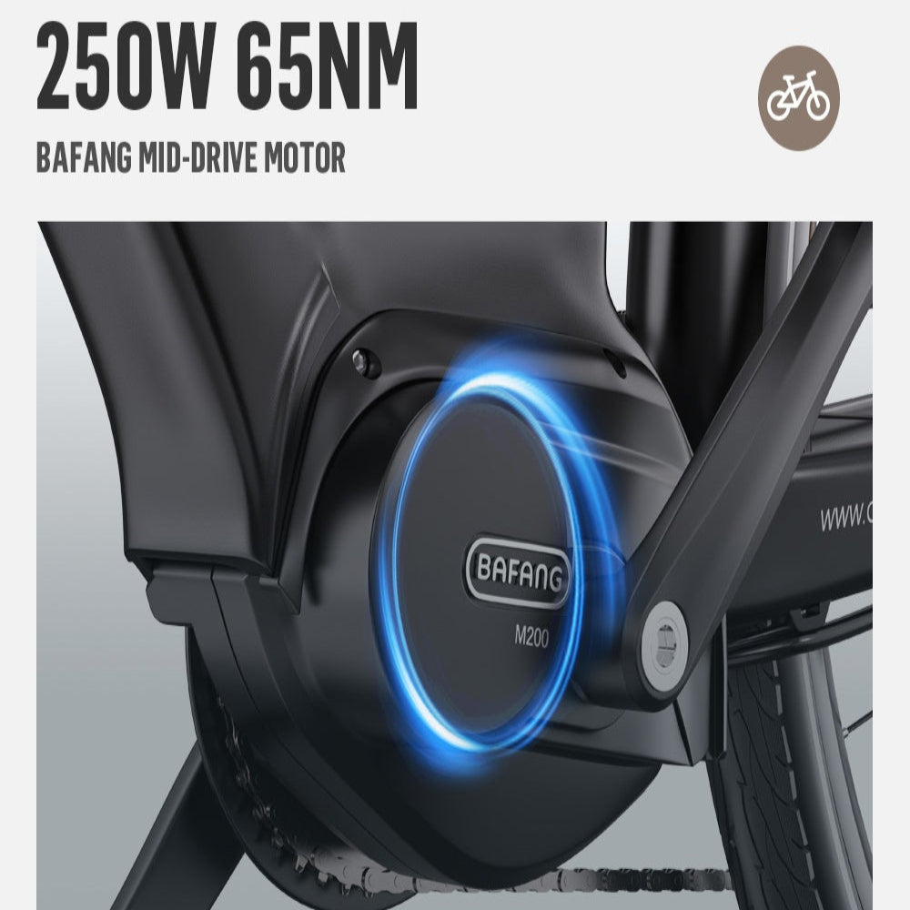 Bafang mid-drive motor with blue光环on a bicycle.