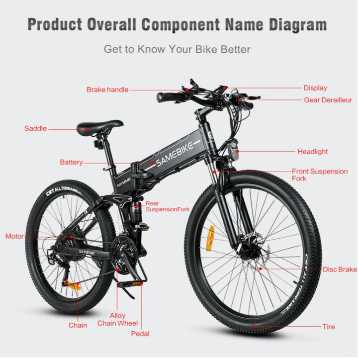 "Foldable SAM LO26-II YD Mountain E-Bike with 900W motor and 48V 14AH battery, perfect for off-road adventures"