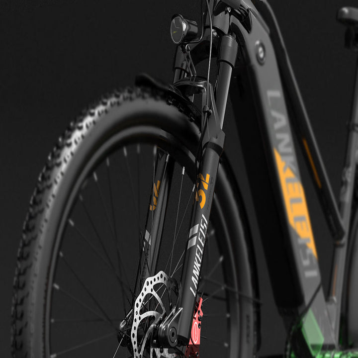 Close-up of a bicycle with 'Lankeleisi' branding on a black background
