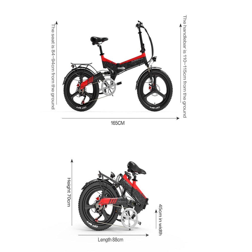 Red and black electric bike with dimensions labeled on a white background