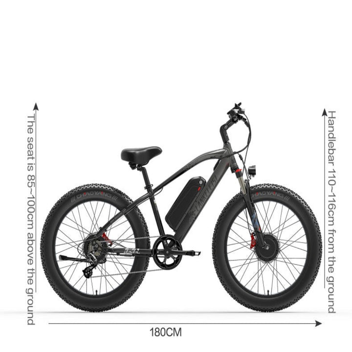 Black electric bike with measurements on a white background