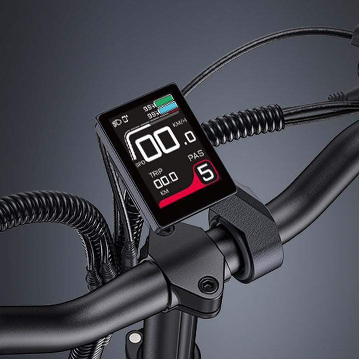Digital display on a bicycle handlebar with cables against a dark background