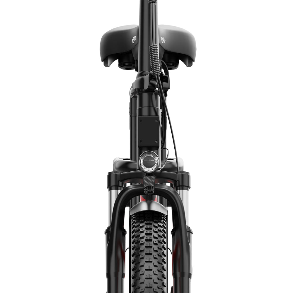 "DUO OT16-2 Folding Electric Bike in black, featuring 20-inch frame, disc brakes, and LCD display with Bluetooth."