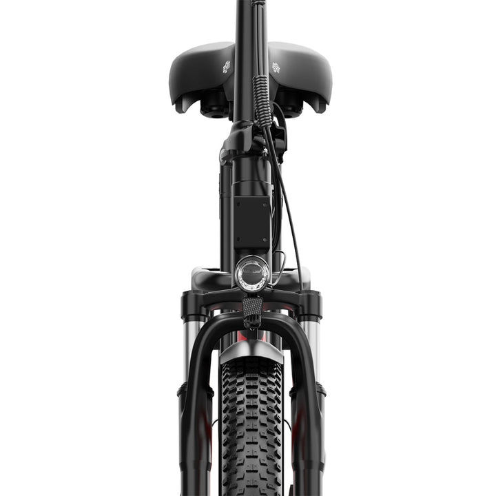 "DUO OT16-2 Folding Electric Bike in black, featuring 20-inch frame, disc brakes, and LCD display with Bluetooth."