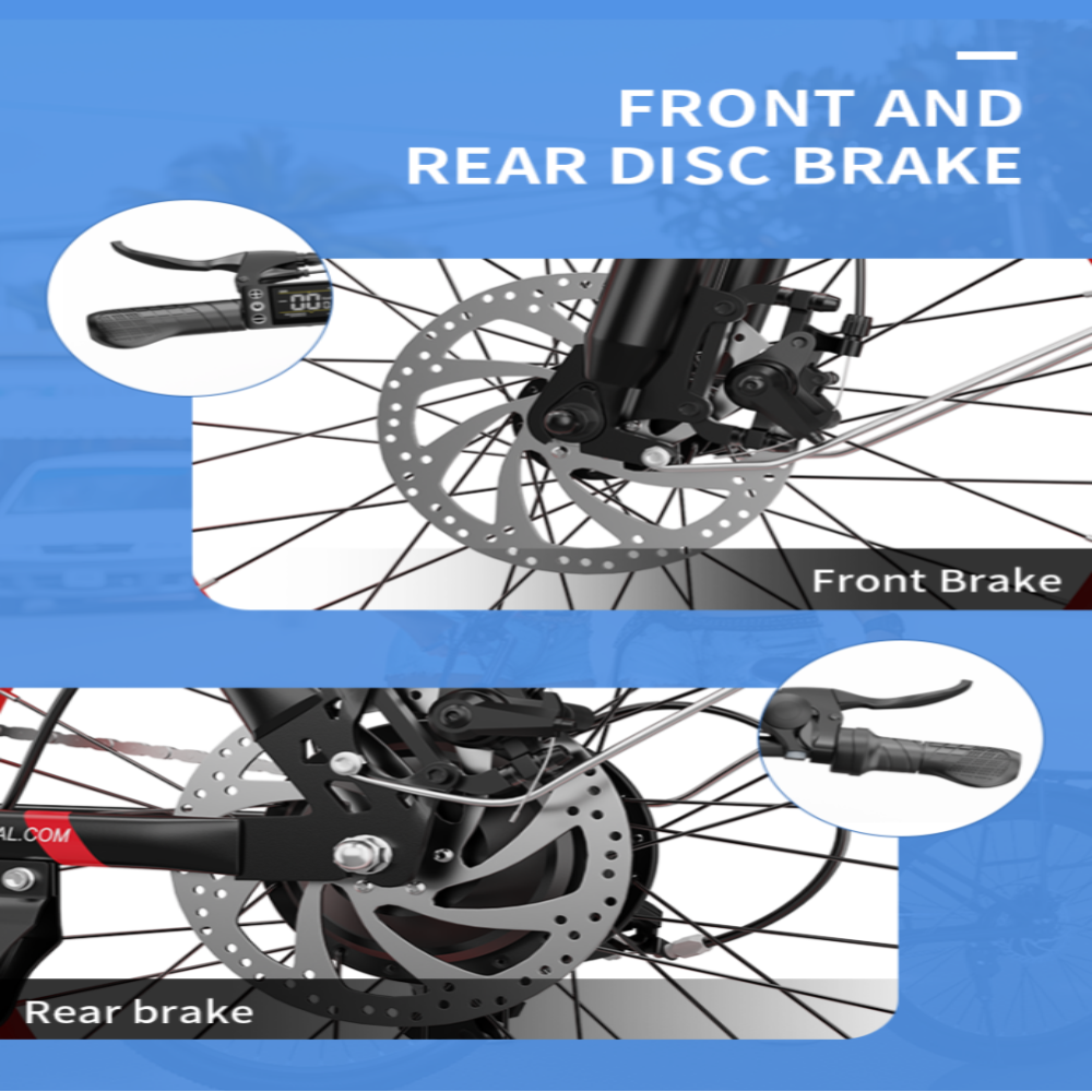 Bicycle disc brakes with front and rear views on a blue background.