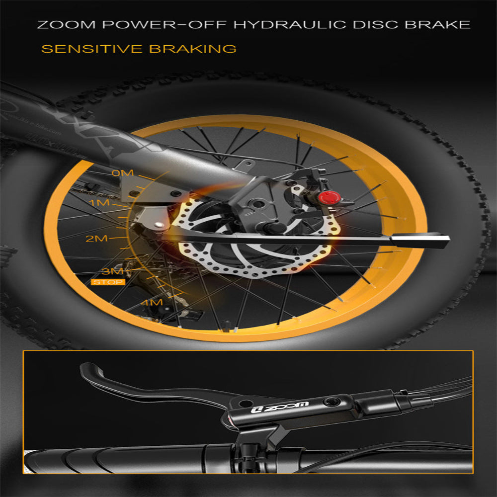 Zoom power-off hydraulic disc brake system on a bicycle wheel with close-up of brake lever.