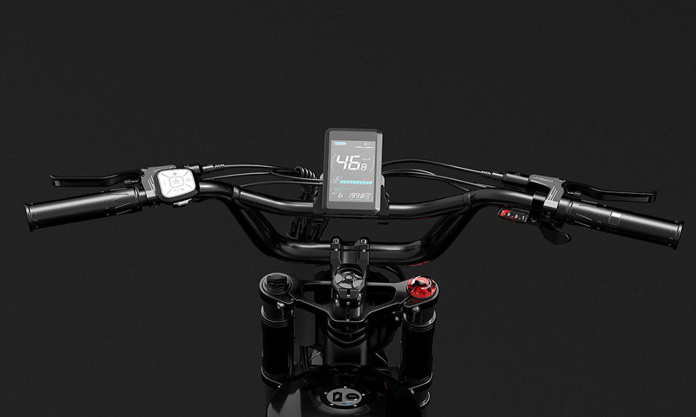 Close-up of a motorcycle handlebar with digital display on a black background