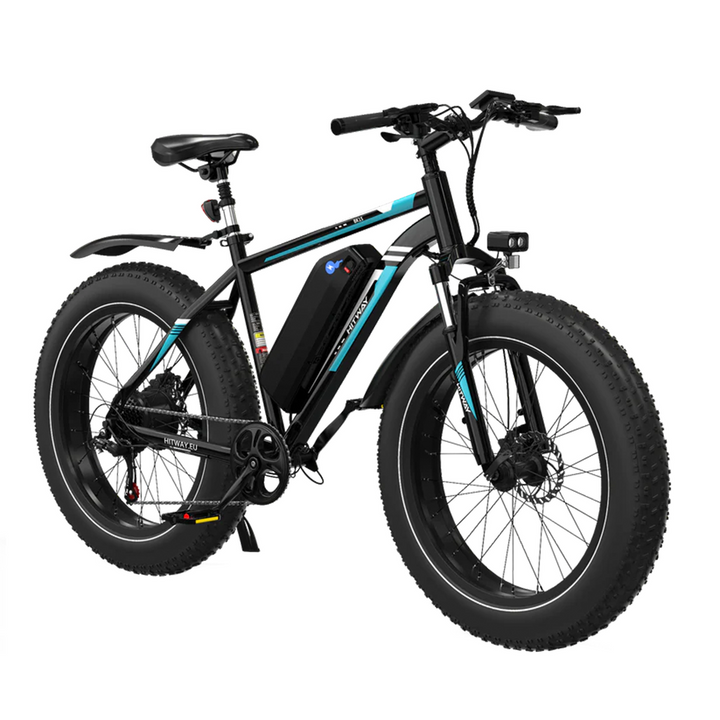 Black electric bike with blue accents on a white background