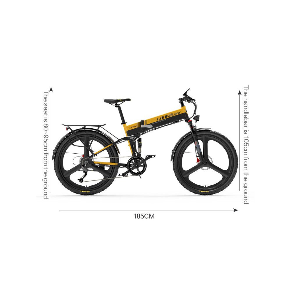 Yellow electric bike with dimensions labeled on a white background