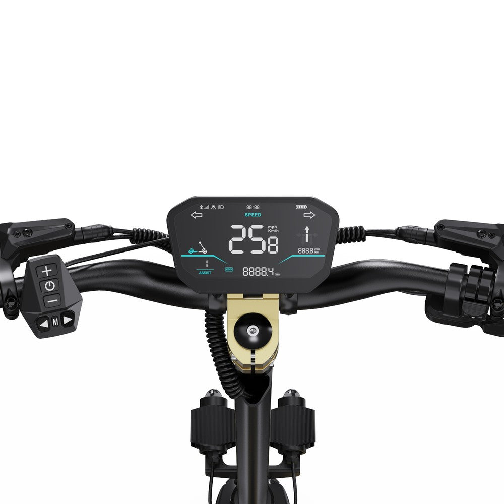 Fietsstuur met digitaal display en bedieningsknoppen op een witte achtergrond