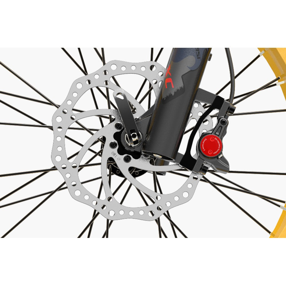 Close-up of a bicycle disc brake system with a white background