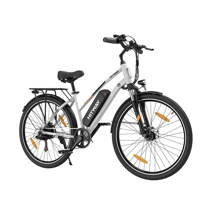 White electric bicycle with black wheels on a white background