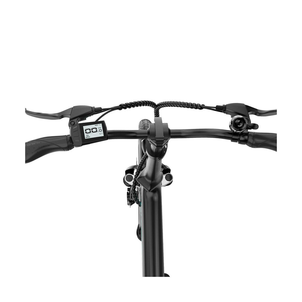 Close-up of bicycle handlebars with control panel on a white background