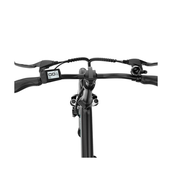 Close-up of bicycle handlebars with control panel on a white background