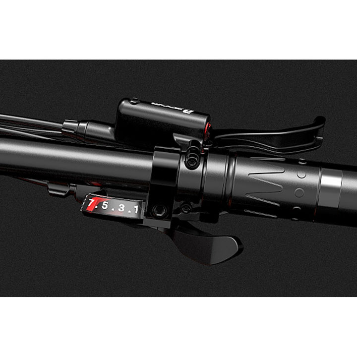 Close-up of a motorcycle handlebar with control buttons on a black background