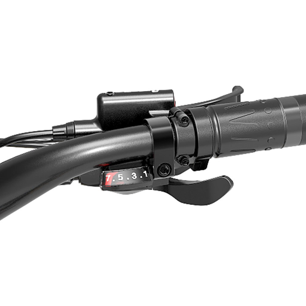 Close-up of a motorcycle handlebar with throttle and controls on a white background