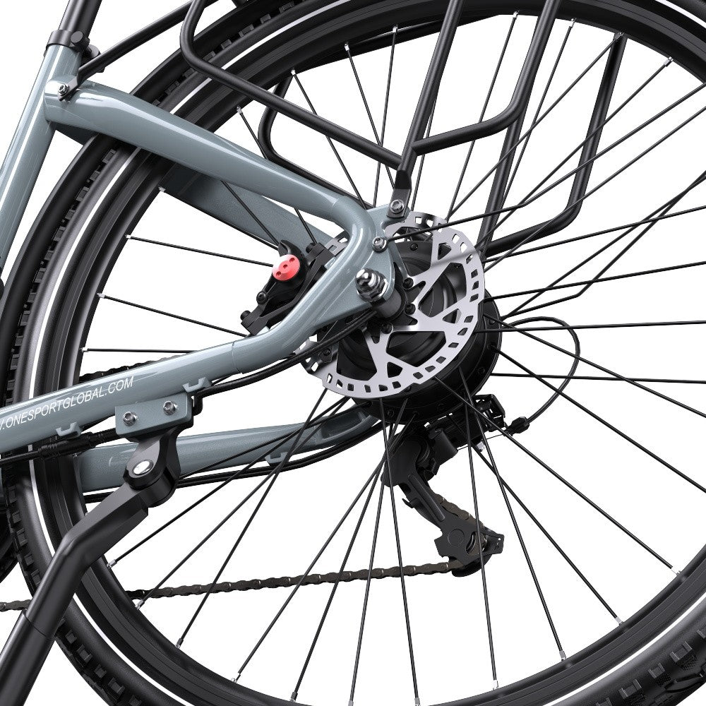 Close-up of a bicycle wheel with disc brake system on a white background