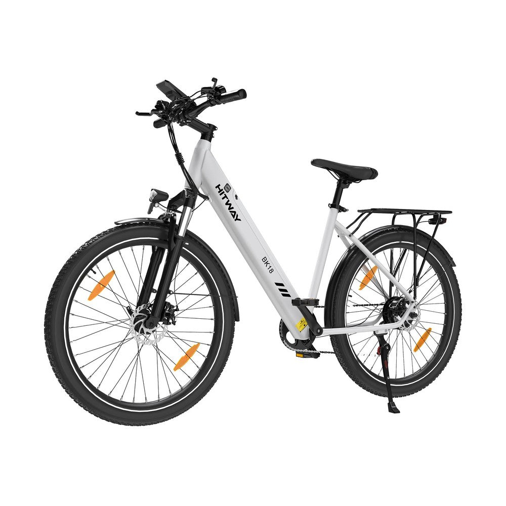 White electric bicycle with black components on a white background