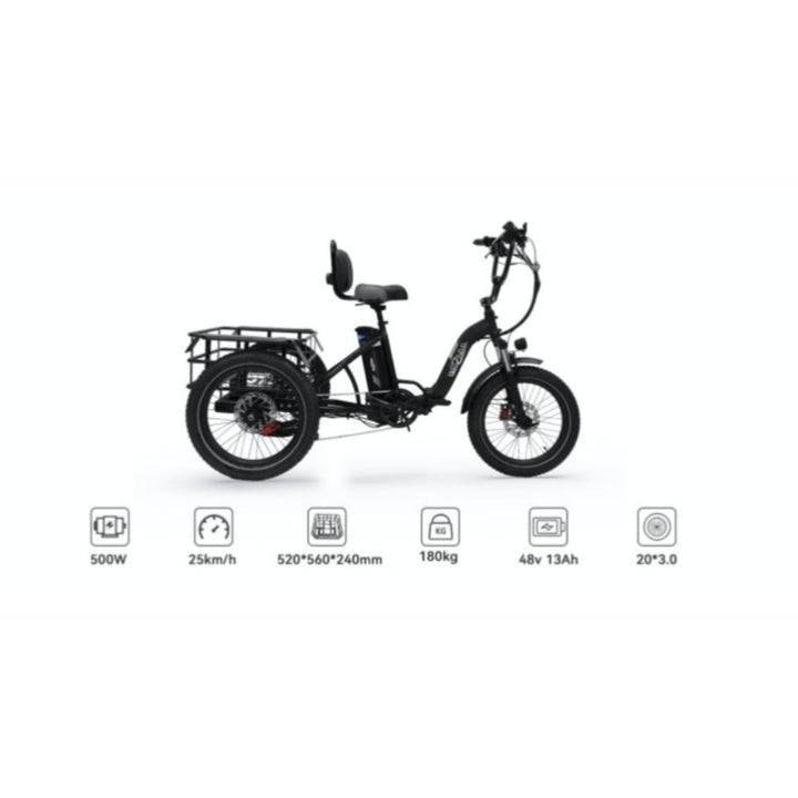 "DUO OT30 Electric Trike with 500W motor and foldable design, ideal for urban commuting and cargo transportation"