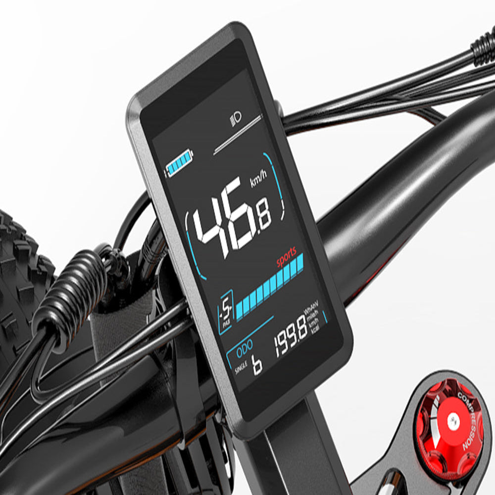 Digital display on a bicycle showing speed and other metrics