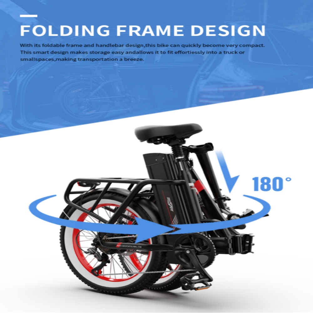 Folding bicycle with blue background and text highlighting design features.