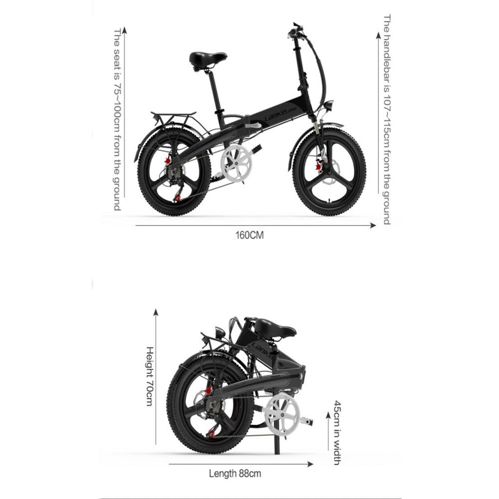 Dimensions of a black electric bike shown in two views on a white background