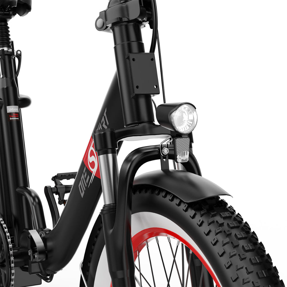 "DUO OT16-2 Folding Electric Bike in black, featuring a 20-inch frame, front and rear lights, and LCD display with Bluetooth."