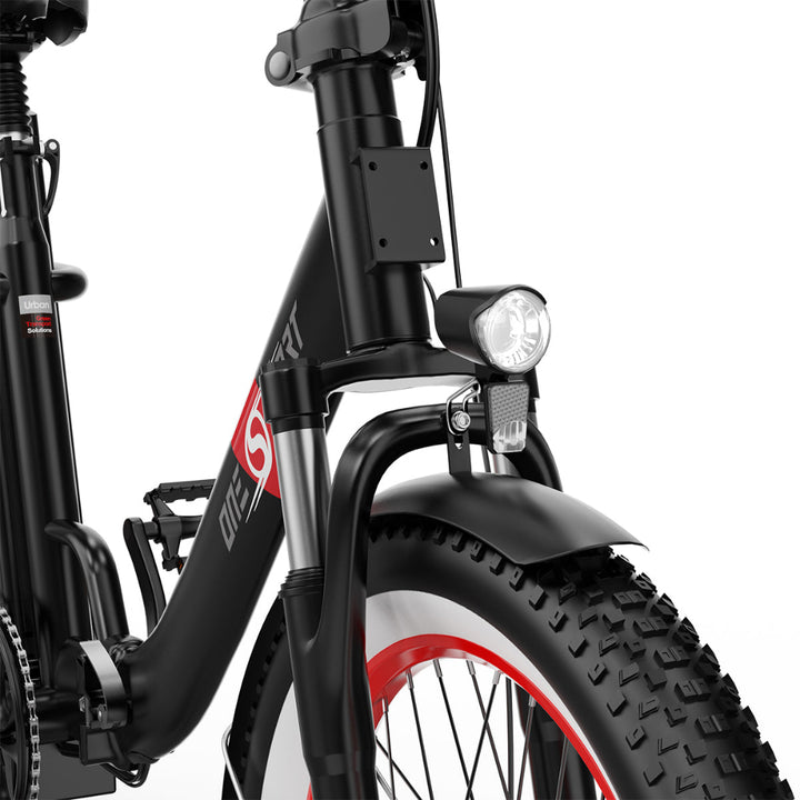 "DUO OT16-2 Folding Electric Bike in black, featuring a 20-inch frame, front and rear lights, and LCD display with Bluetooth."