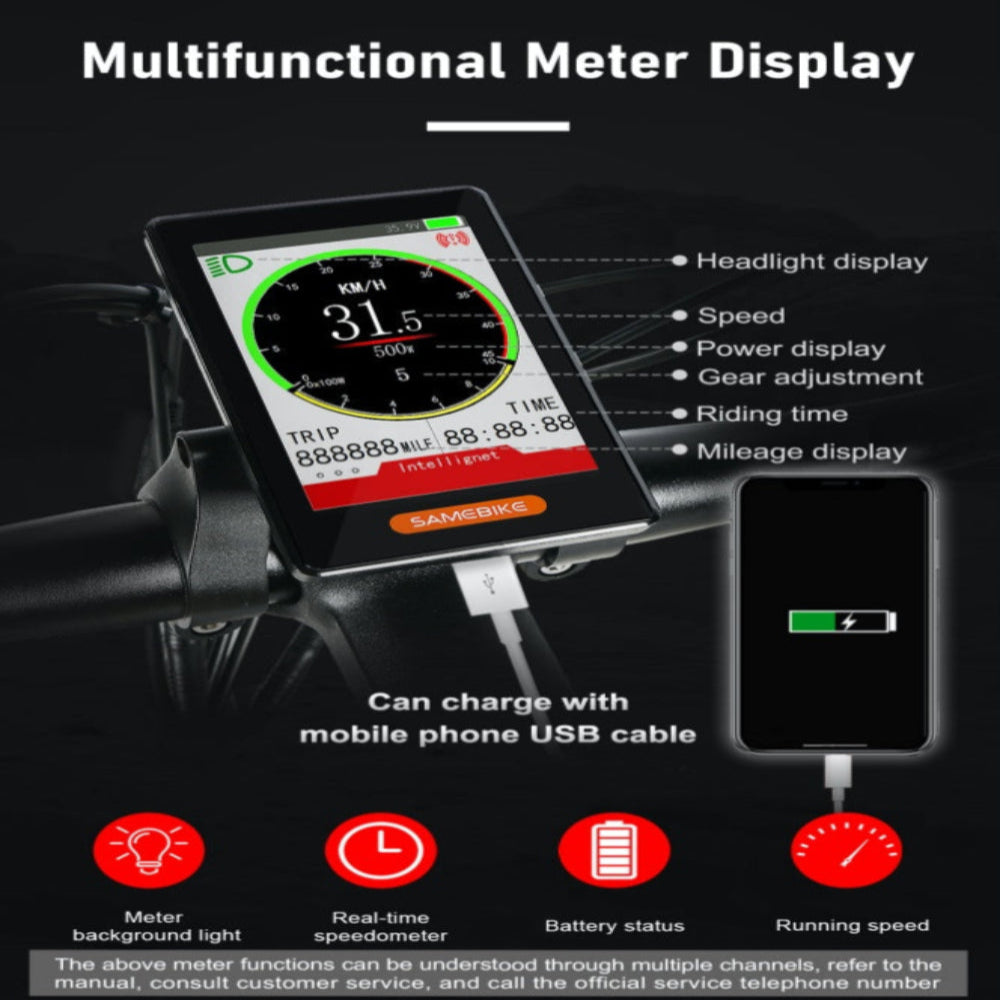 Multifunctional meter display with USB charging cable on a black background.