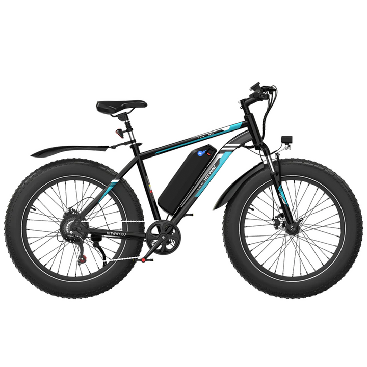 Electric bike with a black frame and blue accents on a white background