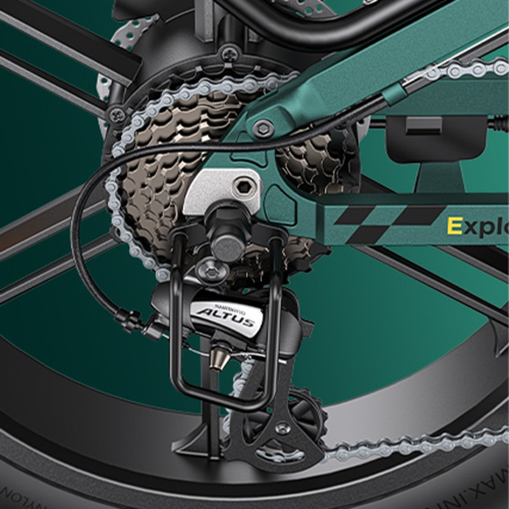 Close-up of a bicycle gear system with 'ENGWE' branding on a green background.