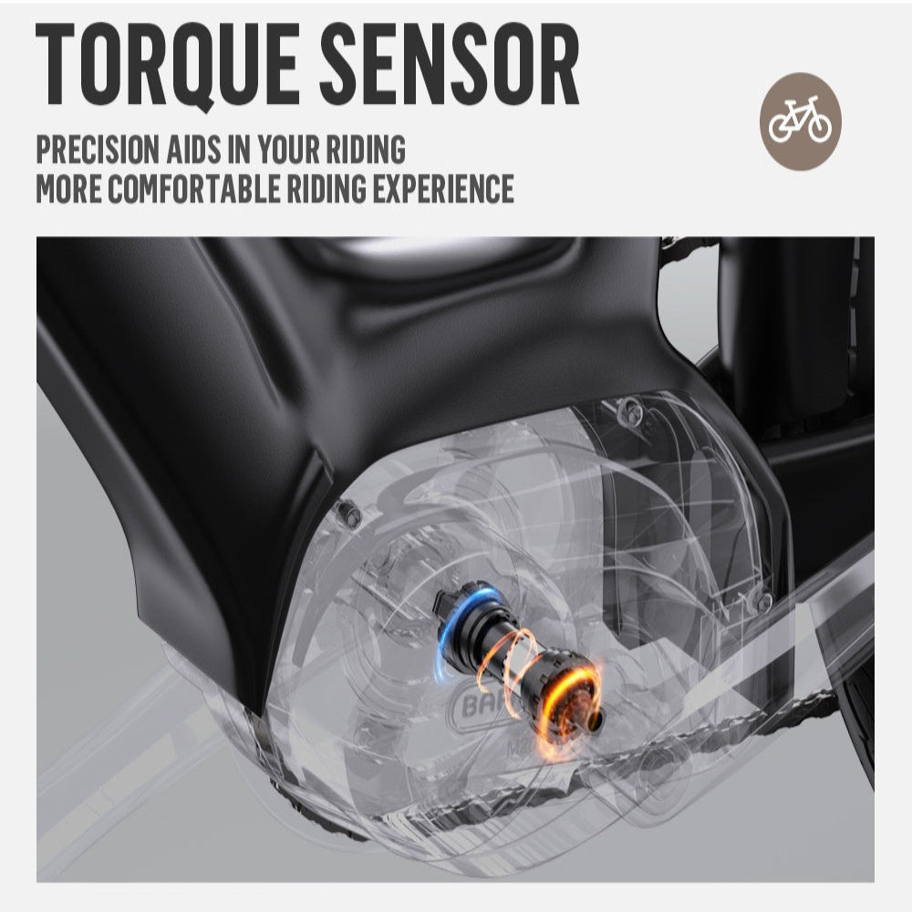 Torque sensor component on a bicycle frame with explanatory text.