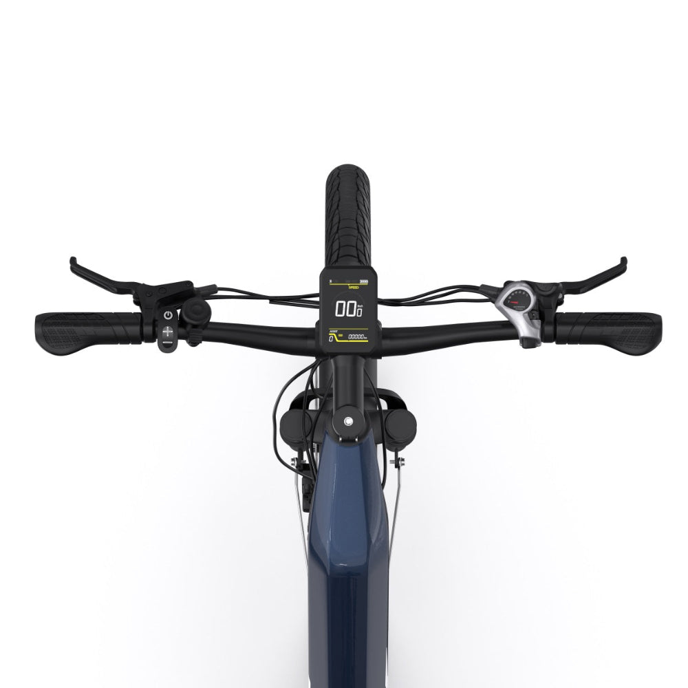 "DUO OT05 Electric Bike in Blue, featuring a 27.5"" Aluminum Frame, Spoked Wheel and Integrated Oil Disc Braking System."
