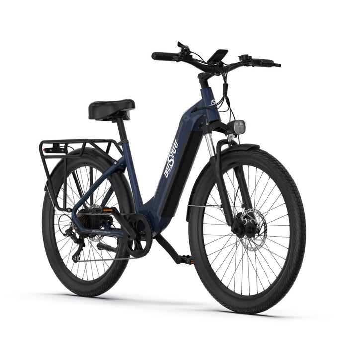 "DUO OT05 Electric Bike in blue, showcasing its 27.5 inch aluminum frame and pneumatic tires, designed for high-performance and efficiency."