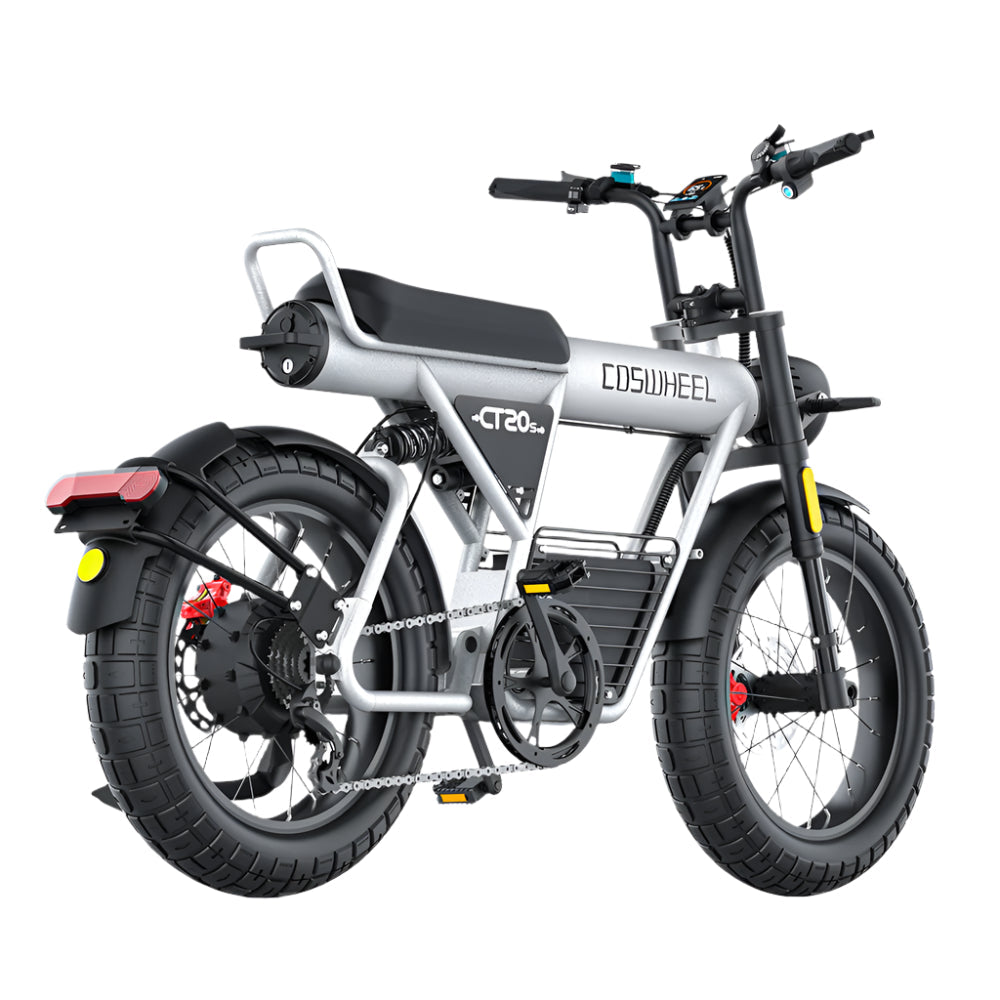 "COS CT20S elektrische fiets met accu met groot bereik, dikke banden, dubbele vering en Shimano 7 versnellingen"