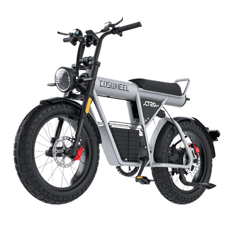 "COS CT20S Electric Bike with fat tires, dual suspension, Shimano 7-speed system, and smart display for off-road adventure."