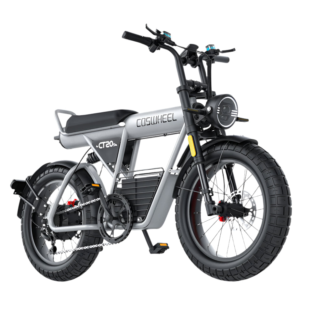 "COS CT20S Electric Bike with long-range battery, fat tires, dual suspension, and Shimano 7-speed system"