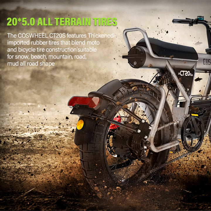 "COS CT20S Electric Bike with long-range battery, fat tires, dual suspension, and Shimano 7-speed system"