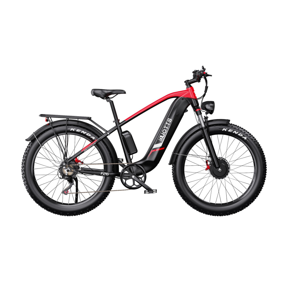 Electric bike with black and red frame on a white background