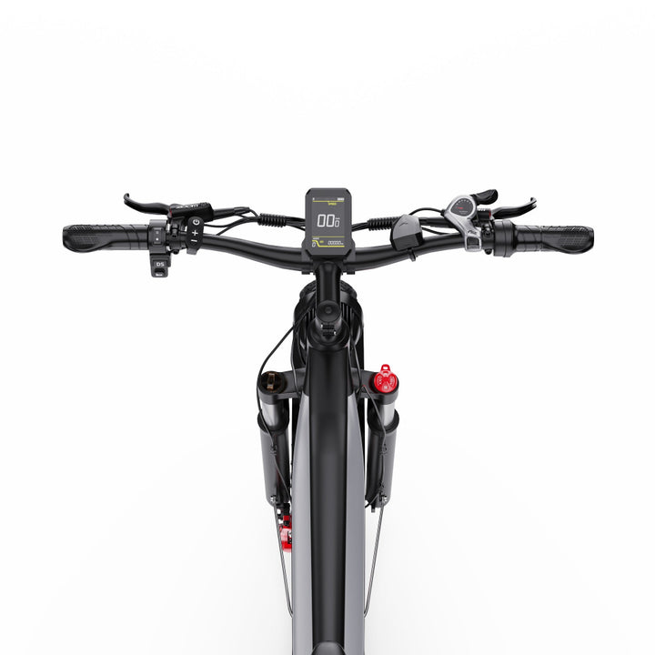 Close-up of a bicycle handlebar with a digital display on a white background